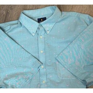Stafford Blue Oxford Shirt‎ Big 19 Travel Wrinkle Free Flamingos Short Sleeve
